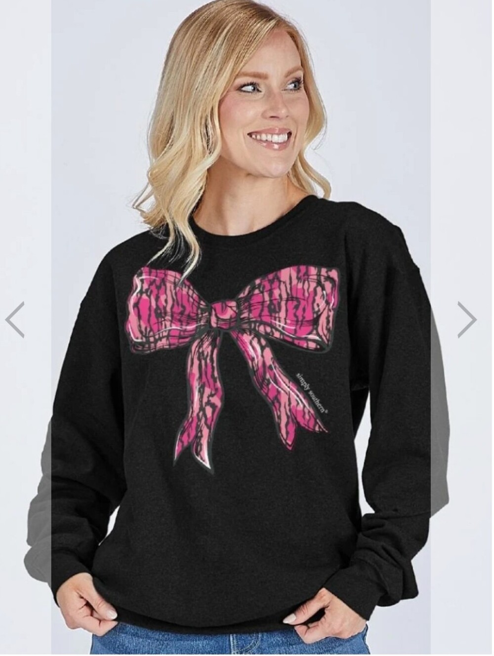 #313.Simply Southern Black Camo Bow Long Sleeve Crew Sweatshirt.